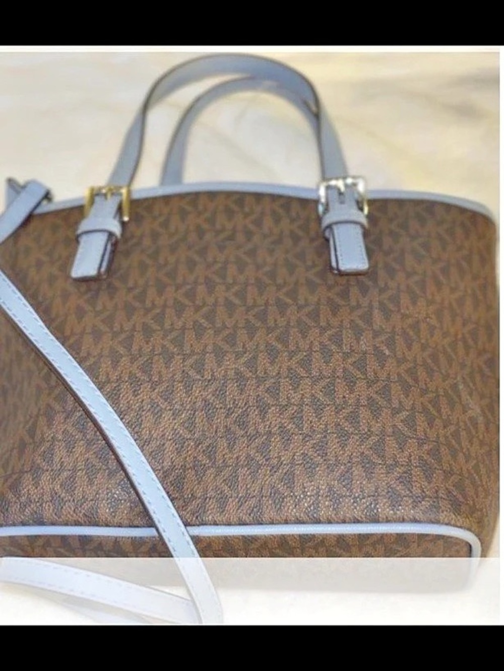 Michael Kors Jet Set Medium Signature Logo Pocket Tote Bag Brown & White